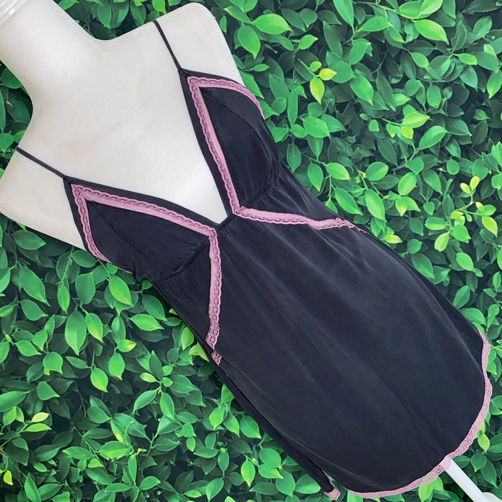Victoria’s Secret Silk Slip Dress · Dark Gray w/ Pink Lace Trim · Size L - Picture 2 of 5